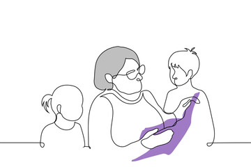 gray haired grandma in glasses reads a book to her grandchildren - one line art vector. concept grandma and grandchildren listen to fairy tales
