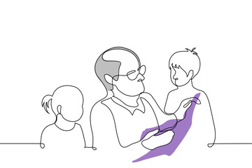 gray-haired grandfather in glasses reads a book to his grandchildren - one line art vector. concept grandfather and grandchildren listen to fairy tales