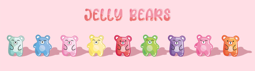 Jelly bears set marmalade candies, Cute animals shapes sweets, colorful gummy bear, fruit and berry flavors, classical sugar yummy gelatin products. Sweet assortment, vector isolated elements.