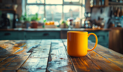 A yellow coffee mug sits on a wooden table in a kitchen. The mug is filled with coffee, and the table is surrounded by various kitchen items such as a bowl, a spoon, and a potted plant