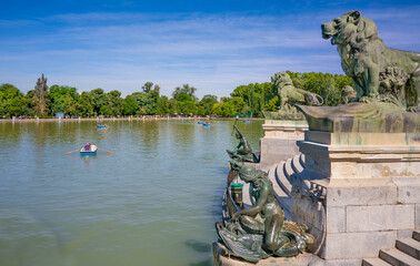  large pond of El Retiro park in Madrid Spain