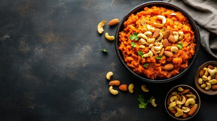 Flat lay of gajar ka halwa with almonds and cashews, copy space on the left side.