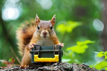 A squirrel holding a tiny toolbox showcasing the reliability of a new line of home repair tools