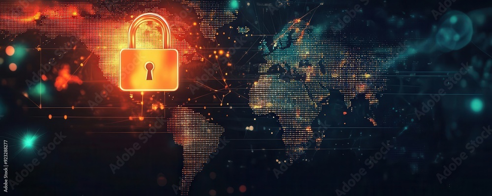 Poster digital security concept with a glowing lock symbol representing data protection and privacy in a gl