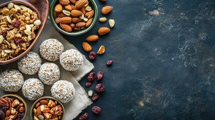 Fototapeta premium Flat lay of ladoo with dry fruits and nuts, copy space in the center for text