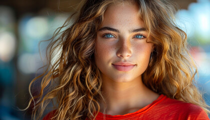 Obraz premium A woman with long hair and a red shirt is smiling. She has a tan complexion and blue eyes
