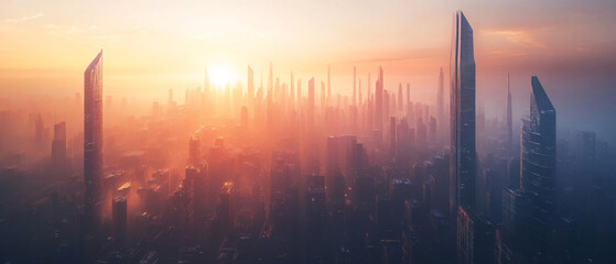 Futuristic City Skyline at Sunrise with Hazy Atmosphere
