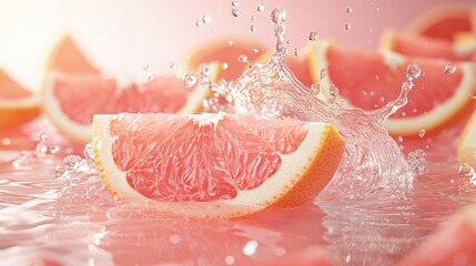 Fototapeta premium Freshly squeezed grapefruit juice splashing in water, surrounded by slices. Clear copy space on the right.