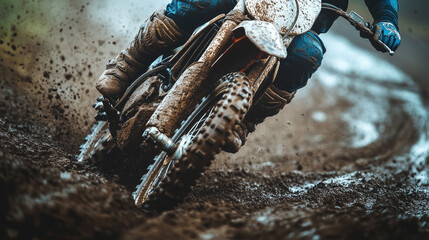 Fototapeta premium Action-packed images capturing the thrill and intensity of motocross, showcasing high-flying jumps, dirt tracks, and adrenaline-fueled competition.