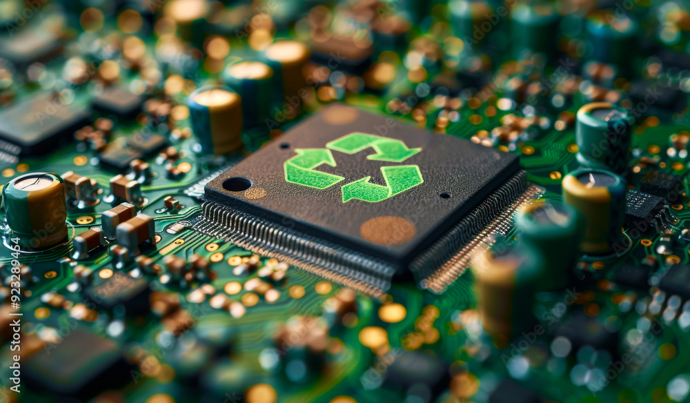 Aufkleber a computer chip with a green recycle symbol on it. the chip is made of electronic components and is 
