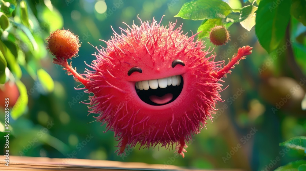 Poster Cute cartoon rambutan with a fluffy smile, bouncing playfully.