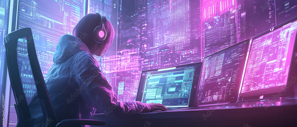 Poster cybersecurity expert working late on a neon computer