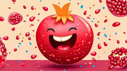 Cute cartoon pomegranate with a happy face, popping out seeds on a festive background.