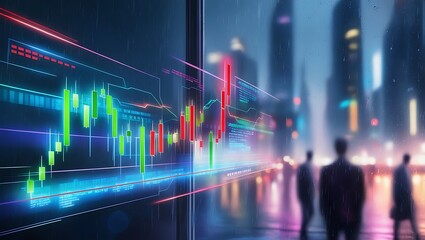 business chart on dark blue background. Stock, market and trade concept. Double exposure