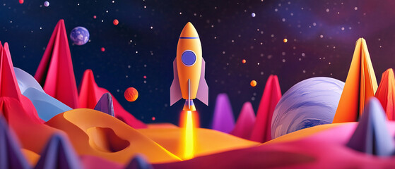 Colorful Rocket Launch on a Surreal Landscape with Planets