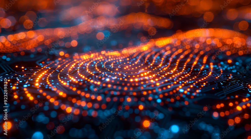 Poster a computer generated image of a fingerprint with a blue and orange background. the image has a futur