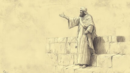 Fototapeta premium Biblical Illustration of 2 Kings: Naaman Pledges to Worship God of Israel, Asks for Earth to Build Altar at Home, Bible Wall Art with Beige Background