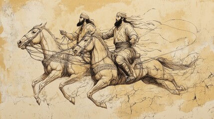 Obraz premium Biblical Illustration of Jehu Anointed King of Israel: Jehu Riding Furiously in His Chariot Towards Jezreel to Confront King Joram and Queen Jezebel, Beige Background