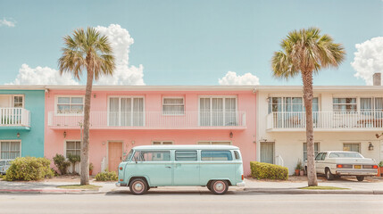 A pastel-colored motel with palm trees and a vintage van parked in front under a clear blue sky.