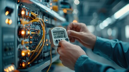A hand holding a multimeter, testing a circuit breaker for voltage.