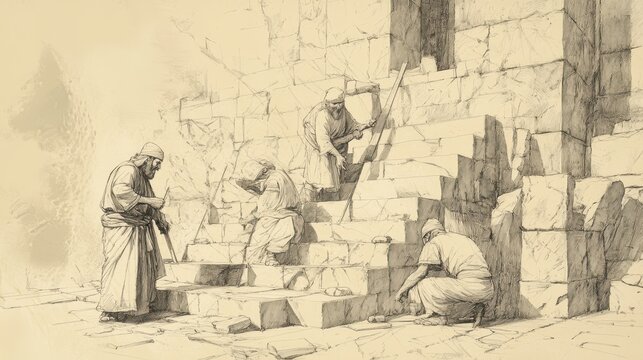 Jehoash Repairs the Temple: Masons Carefully Restoring the Stonework to Its Original Beauty, 2 Kings Biblical Illustration, Bible Wall Art, Beige Background