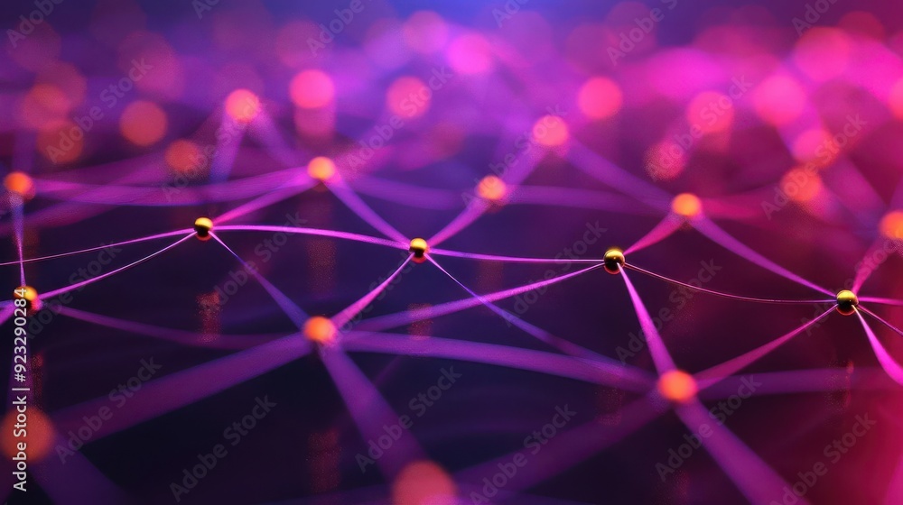 Poster twinkling dots connecting, light patterns in a digital communication network, luminous data flow