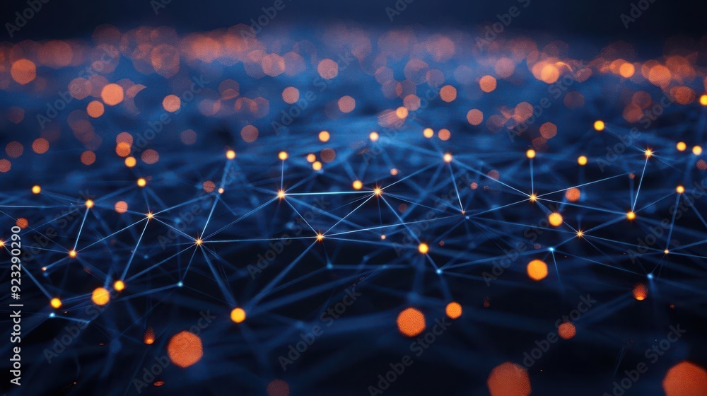 Poster twinkling dots connecting, light patterns in a digital communication network,