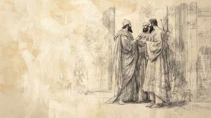 Fototapeta premium Biblical Illustration of The Queen of Sheba Visits Solomon: Solomon Giving Gifts to the Queen, Cementing Diplomatic Relations, Beige Background