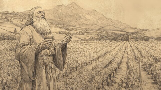 Uzziah Cultivates the Land, Vineyards and Farms Thrive Under His Prosperous Reign, 2 Kings Biblical Illustration, Beige Background