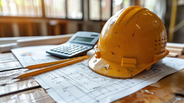 A yellow hard hat rests on a table covered in blueprints, along with a calculator and pencils.