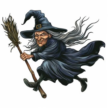 recommend clip art: Cartoon artistic image of an evil witch on her flying broomstick isolated on white background