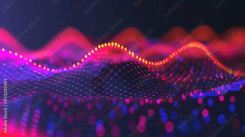 Poster twinkling waveforms representing digital communication, bright data wave,