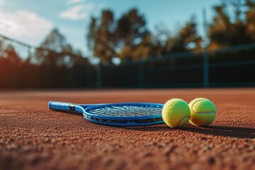 Close-Up of a Tennis Court with Vibrant Blue Racket and Two Tennis Balls