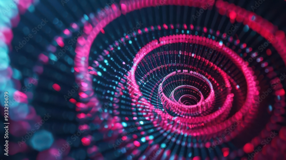 Poster twinkling spiral patterns in a digital communication framework, luminous spiral data, illuminate lum