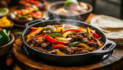 Sizzling Steak Fajitas with Bell Peppers and Onions in a Cast Iron Skillet