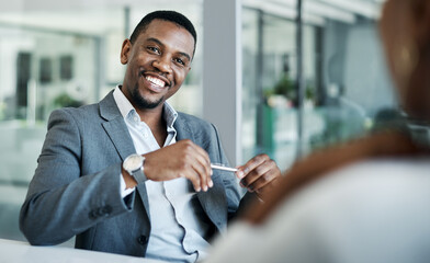 Talking, office and business black man in meeting with client for networking, planning and...
