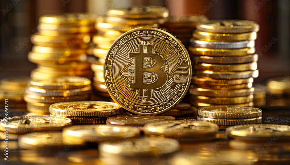 Poster a stack of gold coins with a bitcoin coin on top. the coins are piled on top of each other, creating