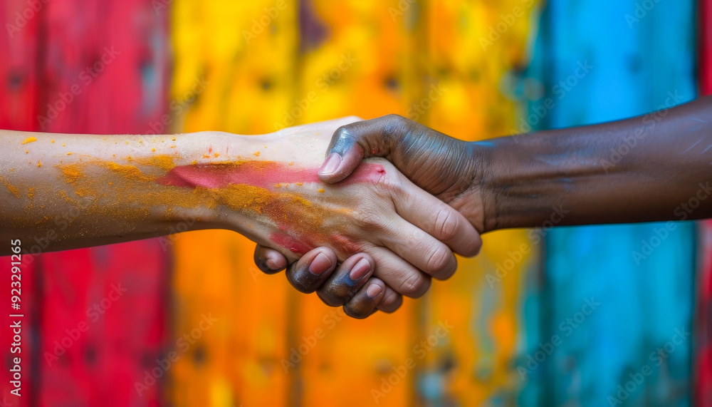 Aufkleber two hands shaking in front of a colorful wall. concept of unity and collaboration between the two pe