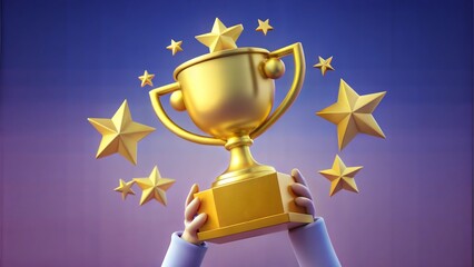 3d celebrate winners with golden cup, prize winners stars in holding hand. 3d award ceremony concept with hand hold winner cartoon style. 3d trophy success icon vector render illustration