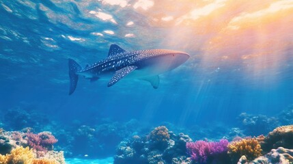 Fototapeta premium Whale Shark Gliding Over Vibrant Coral Reef