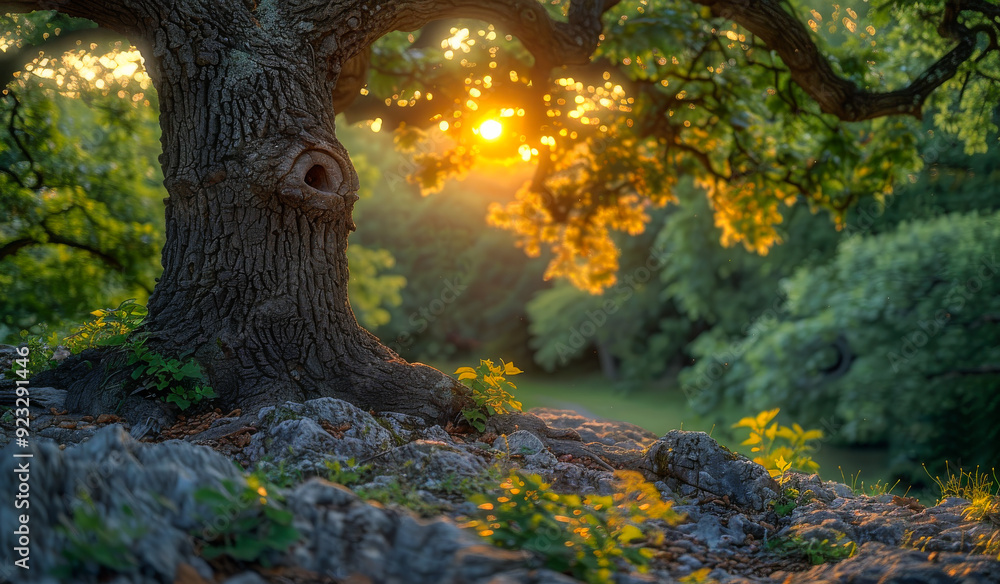Poster a tree with a hole in it is surrounded by rocks and grass. the sun is shining on the tree, creating 