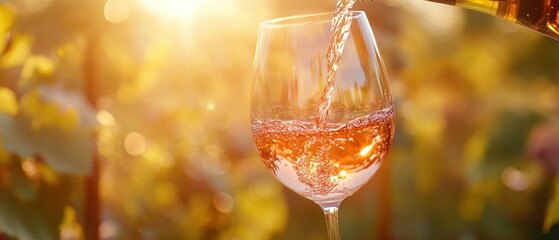 Rose Wine Pour in Sunlight glass of rose wine being poured, backlit by golden sunlight with a vineyard blur
