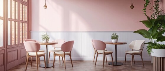 Modern cafe interior with pink and white walls, wooden floor, and stylish furniture. Minimalist design, cozy atmosphere. Concept of contemporary cafe space