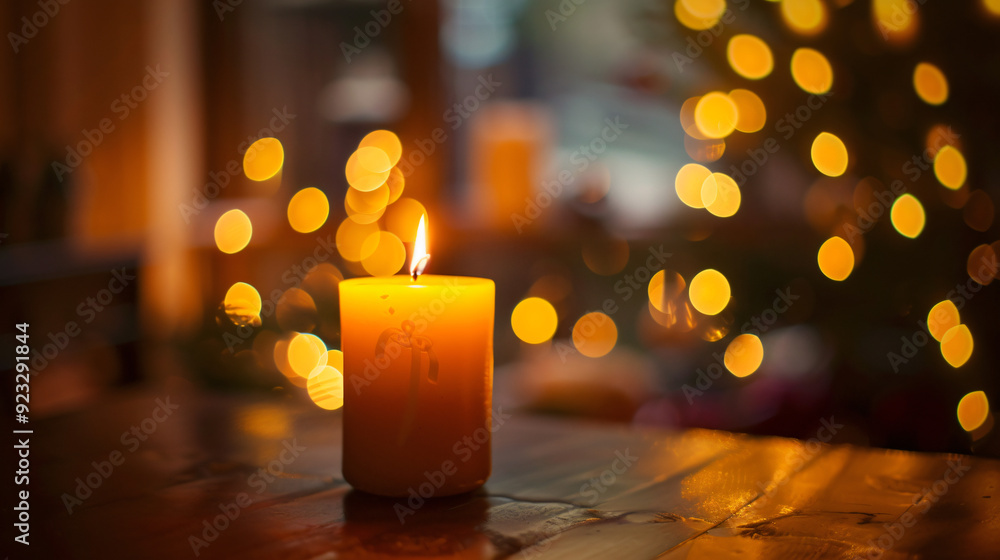 Aufkleber glowing candle is casting a cozy light on a table with twinkling christmas tree lights in the backgr
