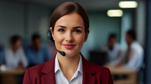 portrait of a service representative, call center customer service operator woman blinking eyes with a smile positive work environment in office Generative AI