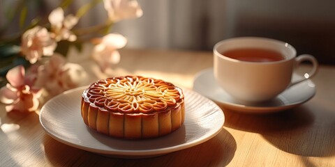 A small mooncake on a white dish with soft morning light and a serene setting