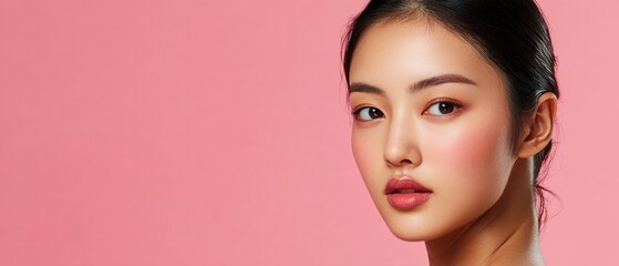 Fototapeta premium Beautiful young woman with healthy and perfect skin on isolated pink background. Facial and skin care concept for commercial advertising