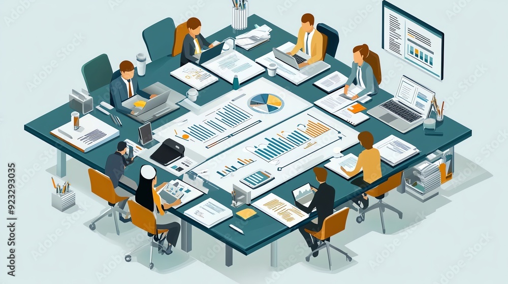 Poster team of professionals working together around a large conference table with charts and graphs.