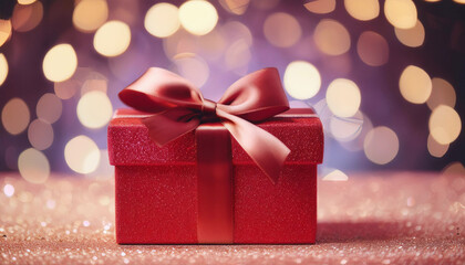Fototapeta premium A glittery red gift box with a satin bow against a sparkling bokeh light background, perfect for celebrations