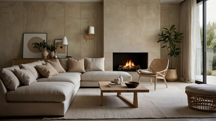 Design a modern living room that combines minimalist principles with organic elements